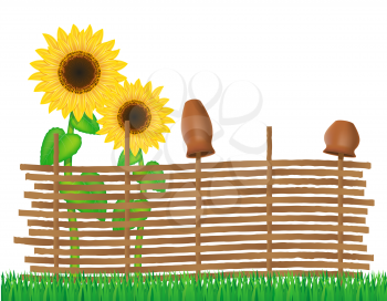 wicker fence of twigs with sunflowers vector illustration isolated on white background