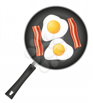 fried eggs with bacon in a frying pan vector illustration isolated on white background