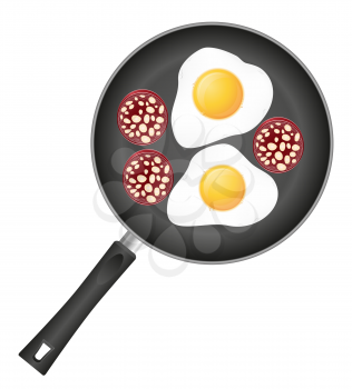 fried eggs with sausage in a frying pan vector illustration isolated on white background