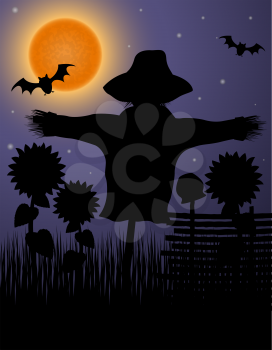 scarecrow black silhouette in the night sky and the moon vector illustration