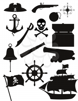 set of pirate icons black silhouette vector illustration isolated on white background