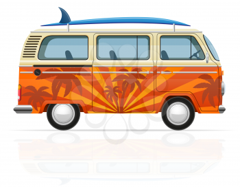 retro minivan with a surfboard vector illustration isolated on white background