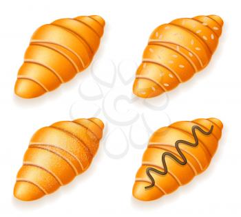 set icons of fresh crispy croissants with sesame seeds chocolate and powdered sugar vector illustration isolated on white background