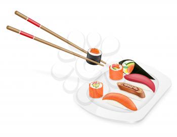diverse set of sushi with chopsticks on a plate vector illustration isolated on white background
