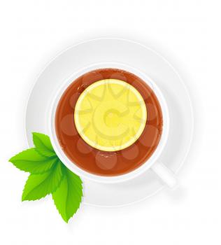porcelain cup of tea with lemon and mint vector illustration isolated on white background
