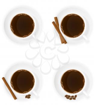 cup of coffee with cinnamon sticks grain and beans top view vector illustration isolated on white background
