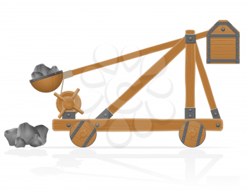 old medieval wooden catapult loaded stones vector illustration isolated on white background