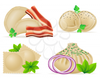 dumplings of dough with a filling and greens set icons vector illustration isolated on white background