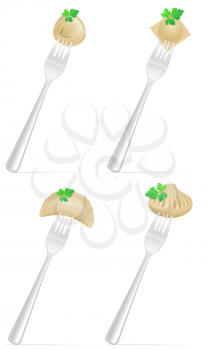 dumplings of dough with a filling and greens on fork set icons vector illustration isolated on white background