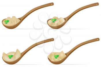 dumplings of dough with a filling and greens in the spoon set icons vector illustration isolated on white background