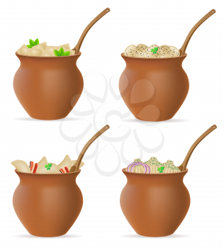 dumplings of dough with a filling and greens in clay pot set icons vector illustration isolated on white background