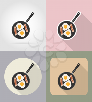 eggs with bacon in a frying pan food and objects flat icons vector illustration isolated on background