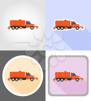 truck cleaning and watering the road flat icons vector illustration isolated on background