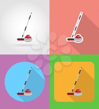 broom and stone for curling flat icons vector illustration isolated on background