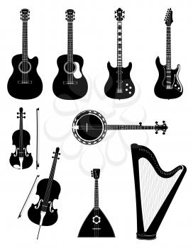 stringed musical instruments stock black outline silhouette vector illustration isolated on white background
