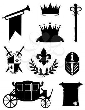 king royal golden attributes of medieval power black outline silhouette vector illustration isolated on white background