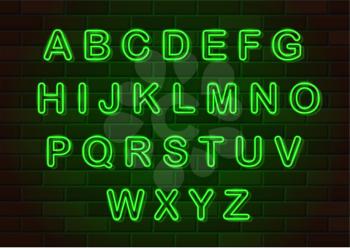 glowing neon letters english alphabet vector illustration on brick wall background