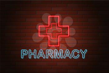 glowing neon signboard pharmacy vector illustration on brick wall background