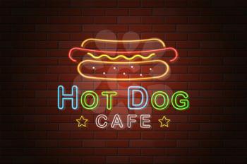 glowing neon signboard hotdog cafe vector illustration on brick wall background