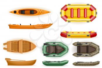 set rowing boats made of plastic wooden and inflatable vector illustration isolated on white background