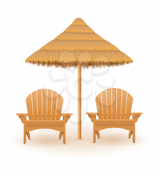 beach armchair lounger deckchair wooden and umbrella made of straw and reed vector illustration isolated on white background
