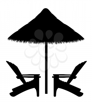 beach armchair and umbrella black contour silhouette vector illustration isolated on white background