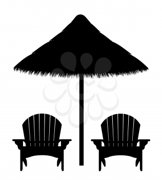beach armchair and umbrella black contour silhouette vector illustration isolated on white background