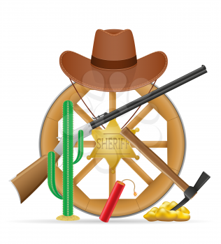 wooden cartwheel with wild west cowboy items vector illustration vector illustration isolated on white background