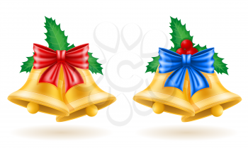 christmas gold bells with bow vector illustration isolated on white background