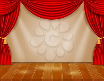 theater stage in the hall with red curtains vector illustration