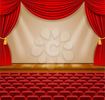 theater stage in the hall with curtains and armchairs for the audience vector illustration