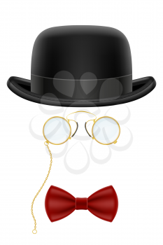 black retro bowler hat with glasses and bow tie vector illustration isolated on white background