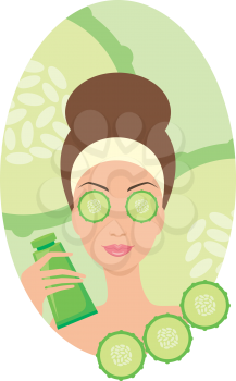 Royalty Free Clipart Image of a Woman Giving Herself a Cucumber Facial