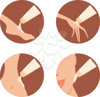 Royalty Free Clipart Image of Lotion Being Applied to the Body and Face
