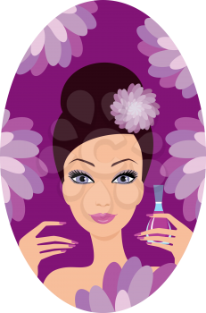 Royalty Free Clipart Image of a Woman on a Purple Background Holding Nail Polish