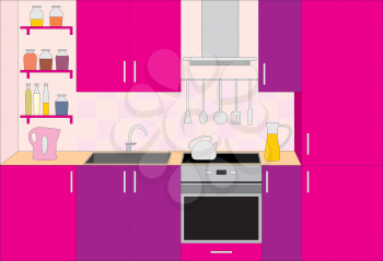 Royalty Free Clipart Image of a Purple and Pink Kitchen