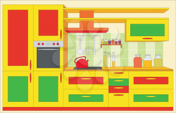 Royalty Free Clipart Image of a Colourful Kitchen