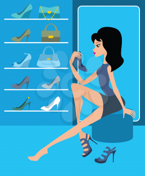 Royalty Free Clipart Image of a Woman Shopping for Shoes