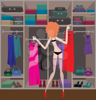 Royalty Free Clipart Image of a Woman Getting Dressed