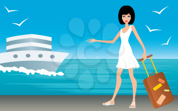 Royalty Free Clipart Image of a Woman With a Suitcase and a Ship Behind Her
