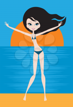 Royalty Free Clipart Image of a Girl in a Bikini by the Water