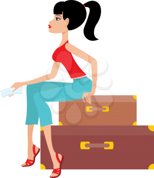 Royalty Free Clipart Image of a Woman Sitting on Luggage and Holding a Ticket