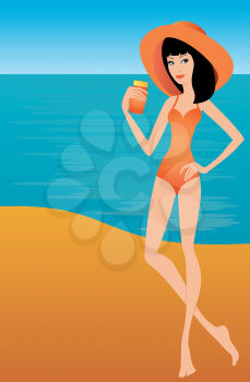 Royalty Free Clipart Image of a Woman on the Beach With Sunscreen