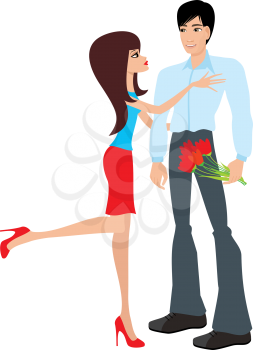 Royalty Free Clipart Image of a Man Giving a Woman Flowers