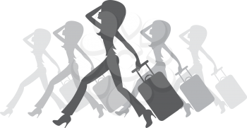 Royalty Free Clipart Image of Women Silhouettes Running With a Suitcase