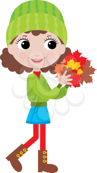 Royalty Free Clipart Image of a Girl Carrying Autumn Leaves