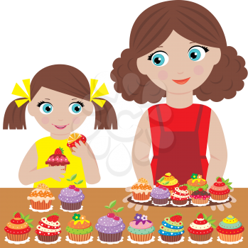 Royalty Free Clipart Image of a Mother and Daughter Baking Cupcakes