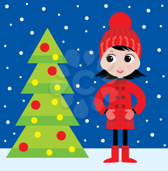Royalty Free Clipart Image of a Girl With a Christmas Tree