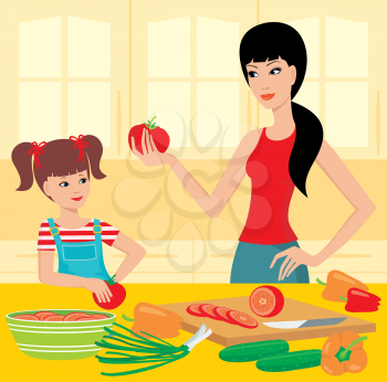Royalty Free Clipart Image of a Mother and Daughter Preparing Food
