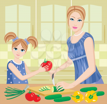 Royalty Free Clipart Image of a Mother and Daughter Preparing Food